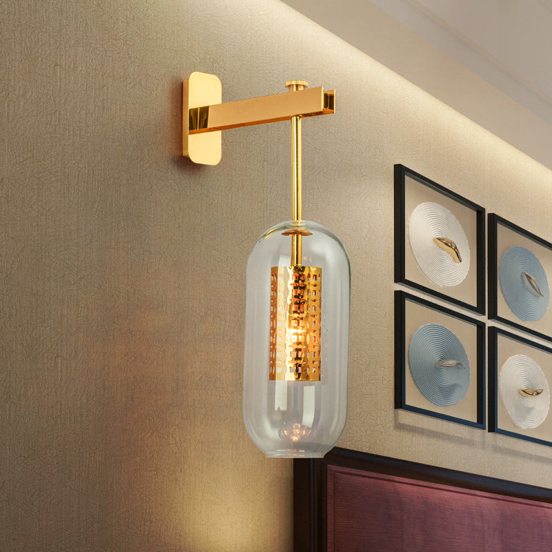 Clear Glass Tube Sconce Light Contemporary 1 Light Brass Bedroom Wall Mount Lamp - Brass - Clearhalo - 'Cast Iron' - 'Glass' - 'Industrial' - 'Modern wall lights' - 'Modern' - 'Tiffany' - 'Traditional wall lights' - 'Wall Lamps & Sconces' - 'Wall Lights' - Lighting' - 273180