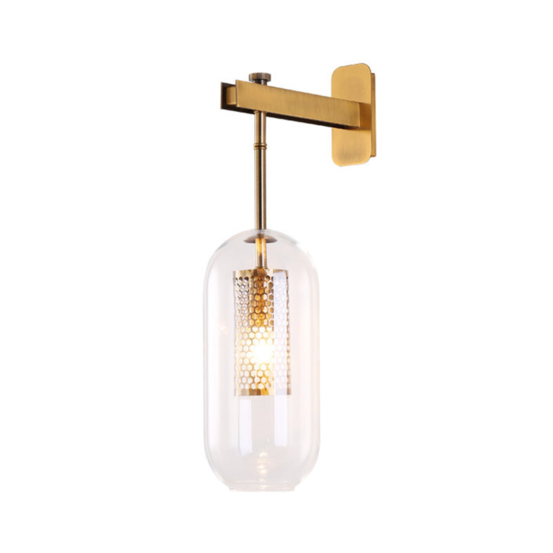 Clear Glass Tube Sconce Light Contemporary 1 Light Brass Bedroom Wall Mount Lamp - Clearhalo - 'Cast Iron' - 'Glass' - 'Industrial' - 'Modern wall lights' - 'Modern' - 'Tiffany' - 'Traditional wall lights' - 'Wall Lamps & Sconces' - 'Wall Lights' - Lighting' - 273183