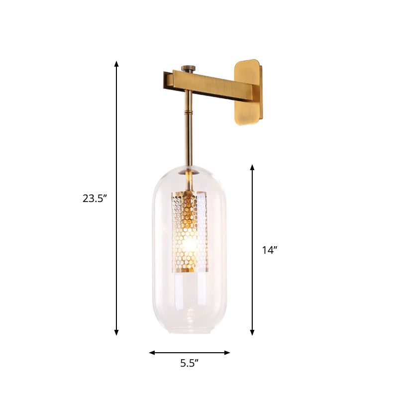 Clear Glass Tube Sconce Light Contemporary 1 Light Brass Bedroom Wall Mount Lamp - Clearhalo - 'Cast Iron' - 'Glass' - 'Industrial' - 'Modern wall lights' - 'Modern' - 'Tiffany' - 'Traditional wall lights' - 'Wall Lamps & Sconces' - 'Wall Lights' - Lighting' - 273184