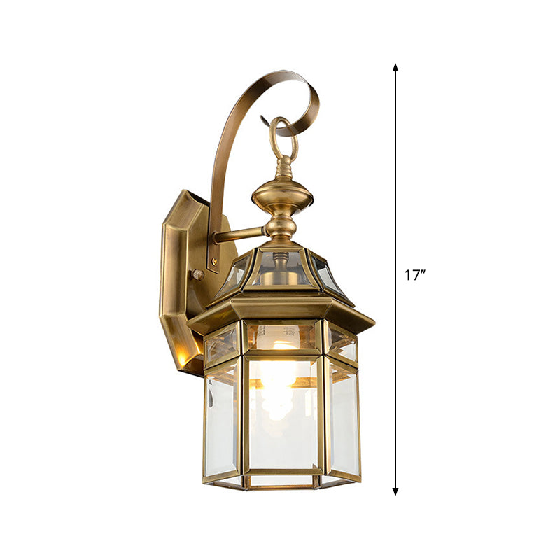 Brass Lantern Wall Lamp Traditionalist Metal 1 Light Outdoor Wall Mount Lighting with Clear Glass Pane Clearhalo 'Wall Lamps & Sconces' 'Wall Lights' Lighting' 273334