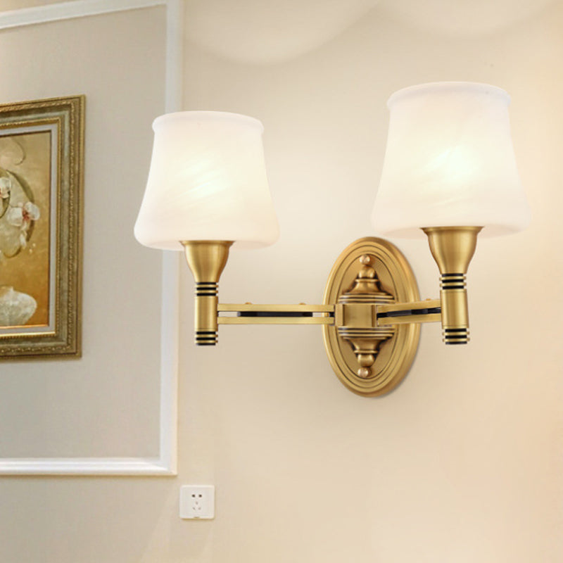 Brass Finish 1/2-Bulb Wall Light Vintage Stylish Milk Glass Cone Shade Wall Sconce Fixture for Bedroom 2.0 Brass Clearhalo 'Wall Lamps & Sconces' 'Wall Lights' Lighting' 273440