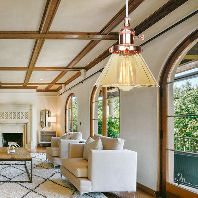 Industrial Style Conic Hanging Lamp Amber/Clear Glass 1 Light Coffee Shop Height Adjustable Pendant Lighting in Black/Bronze/Brass Clearhalo 'Art Deco Pendants' 'Black' 'Cast Iron' 'Ceiling Lights' 'Ceramic' 'Crystal' 'Industrial Pendants' 'Industrial' 'Metal' 'Middle Century Pendants' 'Pendant Lights' 'Pendants' 'Rustic Pendants' 'Tiffany' Lighting' 273457