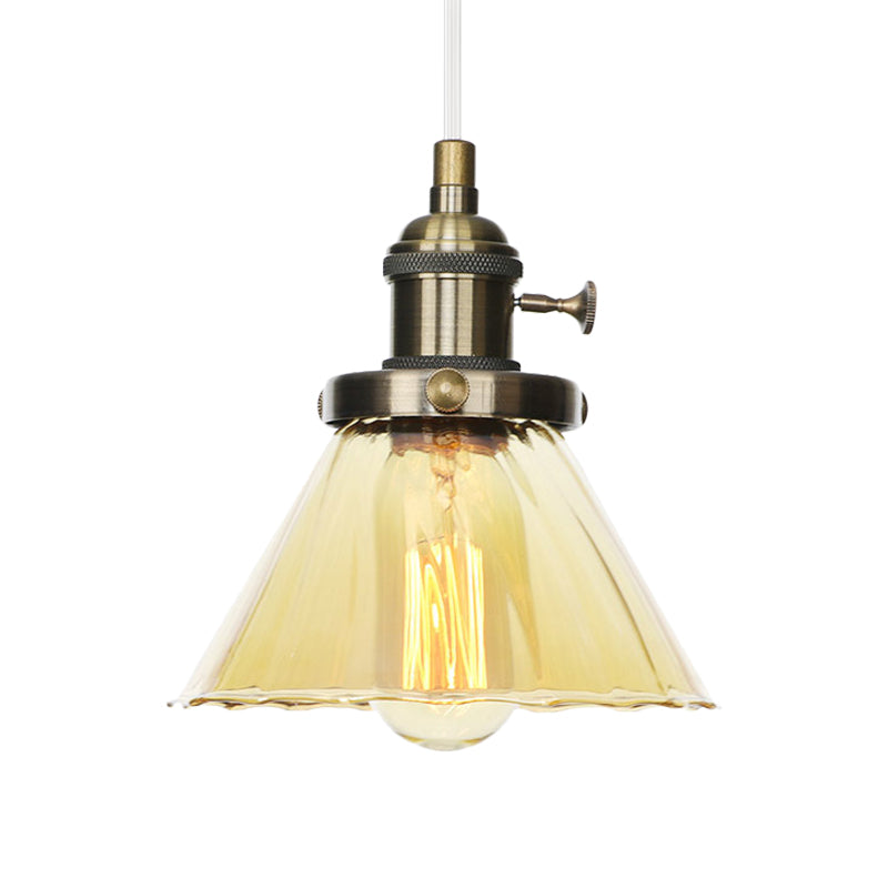 Industrial Style Conic Hanging Lamp Amber/Clear Glass 1 Light Coffee Shop Height Adjustable Pendant Lighting in Black/Bronze/Brass Clearhalo 'Art Deco Pendants' 'Black' 'Cast Iron' 'Ceiling Lights' 'Ceramic' 'Crystal' 'Industrial Pendants' 'Industrial' 'Metal' 'Middle Century Pendants' 'Pendant Lights' 'Pendants' 'Rustic Pendants' 'Tiffany' Lighting' 273474