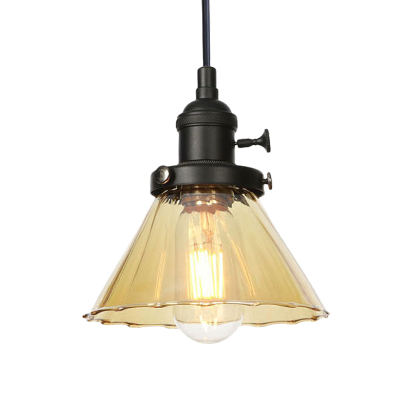 Industrial Style Conic Hanging Lamp Amber/Clear Glass 1 Light Coffee Shop Height Adjustable Pendant Lighting in Black/Bronze/Brass Clearhalo 'Art Deco Pendants' 'Black' 'Cast Iron' 'Ceiling Lights' 'Ceramic' 'Crystal' 'Industrial Pendants' 'Industrial' 'Metal' 'Middle Century Pendants' 'Pendant Lights' 'Pendants' 'Rustic Pendants' 'Tiffany' Lighting' 273498