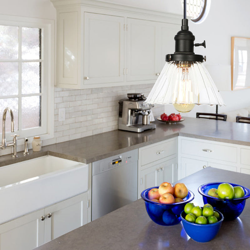 Industrial Style Conic Hanging Lamp Amber/Clear Glass 1 Light Coffee Shop Height Adjustable Pendant Lighting in Black/Bronze/Brass Clearhalo 'Art Deco Pendants' 'Black' 'Cast Iron' 'Ceiling Lights' 'Ceramic' 'Crystal' 'Industrial Pendants' 'Industrial' 'Metal' 'Middle Century Pendants' 'Pendant Lights' 'Pendants' 'Rustic Pendants' 'Tiffany' Lighting' 273501