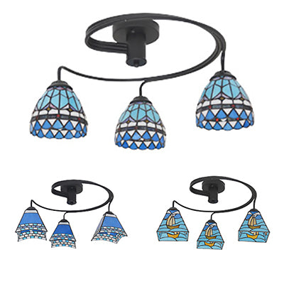 Mediterranean/Baroque/Boat Semi Flush Light with Shade 3 Heads Stained Glass Foyer Ceiling Light in Blue for Dining Room Clearhalo 'Ceiling Lights' 'Close To Ceiling Lights' 'Close to ceiling' 'Glass shade' 'Glass' 'Semi-flushmount' 'Tiffany close to ceiling' 'Tiffany' Lighting' 27360
