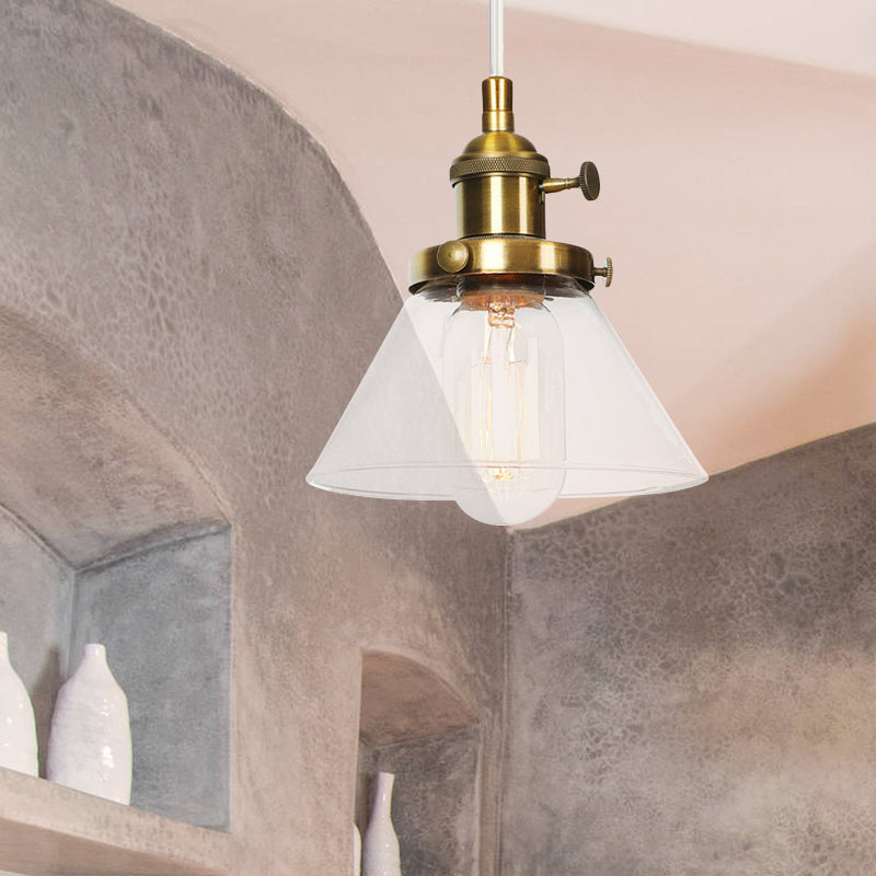 Conical Hanging Light Fixture Vintage Style Amber/Clear Glass and Metal 1 Head Kitchen Pendant Lamp in Black/Bronze/Brass Clearhalo 'Art Deco Pendants' 'Black' 'Cast Iron' 'Ceiling Lights' 'Ceramic' 'Crystal' 'Industrial Pendants' 'Industrial' 'Metal' 'Middle Century Pendants' 'Pendant Lights' 'Pendants' 'Rustic Pendants' 'Tiffany' Lighting' 273628