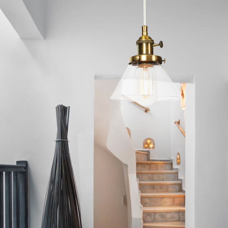 Conical Hanging Light Fixture Vintage Style Amber/Clear Glass and Metal 1 Head Kitchen Pendant Lamp in Black/Bronze/Brass Clearhalo 'Art Deco Pendants' 'Black' 'Cast Iron' 'Ceiling Lights' 'Ceramic' 'Crystal' 'Industrial Pendants' 'Industrial' 'Metal' 'Middle Century Pendants' 'Pendant Lights' 'Pendants' 'Rustic Pendants' 'Tiffany' Lighting' 273629