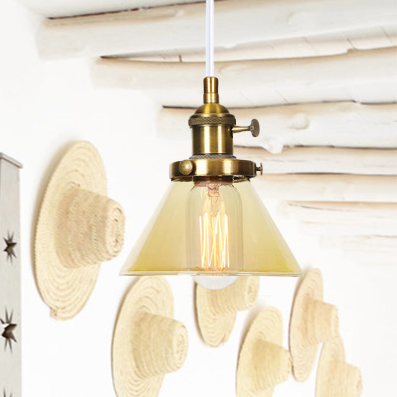 Conical Hanging Light Fixture Vintage Style Amber/Clear Glass and Metal 1 Head Kitchen Pendant Lamp in Black/Bronze/Brass Brass Amber Clearhalo 'Art Deco Pendants' 'Black' 'Cast Iron' 'Ceiling Lights' 'Ceramic' 'Crystal' 'Industrial Pendants' 'Industrial' 'Metal' 'Middle Century Pendants' 'Pendant Lights' 'Pendants' 'Rustic Pendants' 'Tiffany' Lighting' 273632