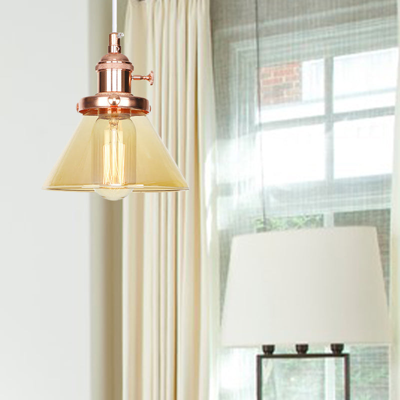 Conical Hanging Light Fixture Vintage Style Amber/Clear Glass and Metal 1 Head Kitchen Pendant Lamp in Black/Bronze/Brass Clearhalo 'Art Deco Pendants' 'Black' 'Cast Iron' 'Ceiling Lights' 'Ceramic' 'Crystal' 'Industrial Pendants' 'Industrial' 'Metal' 'Middle Century Pendants' 'Pendant Lights' 'Pendants' 'Rustic Pendants' 'Tiffany' Lighting' 273641