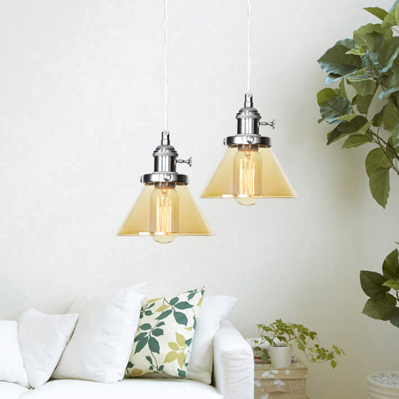 Conical Hanging Light Fixture Vintage Style Amber/Clear Glass and Metal 1 Head Kitchen Pendant Lamp in Black/Bronze/Brass Clearhalo 'Art Deco Pendants' 'Black' 'Cast Iron' 'Ceiling Lights' 'Ceramic' 'Crystal' 'Industrial Pendants' 'Industrial' 'Metal' 'Middle Century Pendants' 'Pendant Lights' 'Pendants' 'Rustic Pendants' 'Tiffany' Lighting' 273649