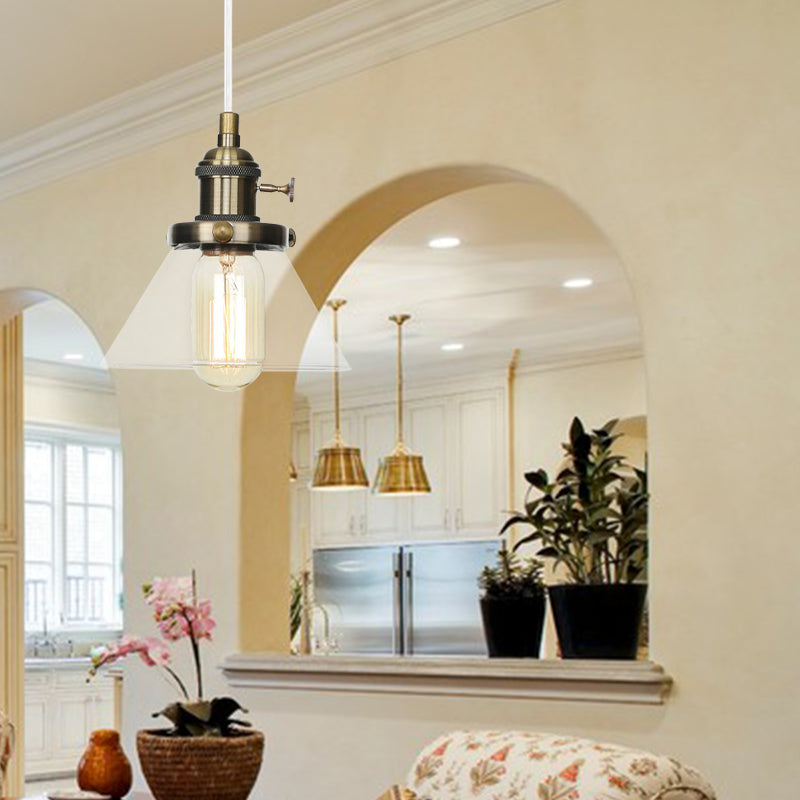 Conical Hanging Light Fixture Vintage Style Amber/Clear Glass and Metal 1 Head Kitchen Pendant Lamp in Black/Bronze/Brass Clearhalo 'Art Deco Pendants' 'Black' 'Cast Iron' 'Ceiling Lights' 'Ceramic' 'Crystal' 'Industrial Pendants' 'Industrial' 'Metal' 'Middle Century Pendants' 'Pendant Lights' 'Pendants' 'Rustic Pendants' 'Tiffany' Lighting' 273653