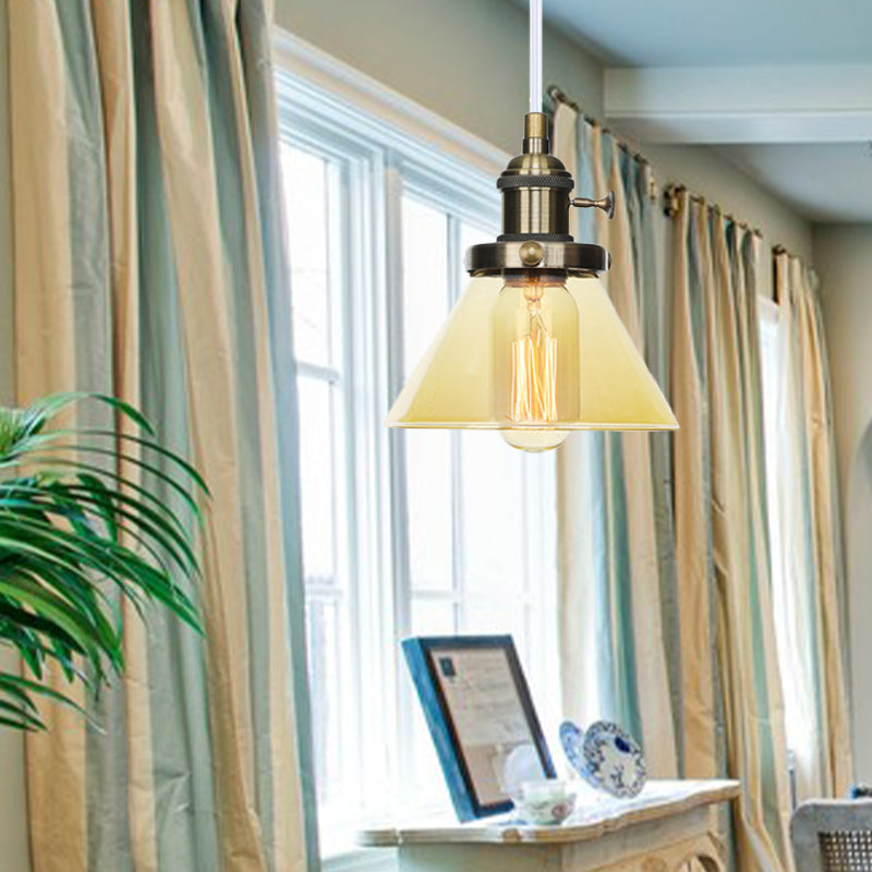 Conical Hanging Light Fixture Vintage Style Amber/Clear Glass and Metal 1 Head Kitchen Pendant Lamp in Black/Bronze/Brass Clearhalo 'Art Deco Pendants' 'Black' 'Cast Iron' 'Ceiling Lights' 'Ceramic' 'Crystal' 'Industrial Pendants' 'Industrial' 'Metal' 'Middle Century Pendants' 'Pendant Lights' 'Pendants' 'Rustic Pendants' 'Tiffany' Lighting' 273657