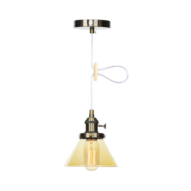 Conical Hanging Light Fixture Vintage Style Amber/Clear Glass and Metal 1 Head Kitchen Pendant Lamp in Black/Bronze/Brass Clearhalo 'Art Deco Pendants' 'Black' 'Cast Iron' 'Ceiling Lights' 'Ceramic' 'Crystal' 'Industrial Pendants' 'Industrial' 'Metal' 'Middle Century Pendants' 'Pendant Lights' 'Pendants' 'Rustic Pendants' 'Tiffany' Lighting' 273658