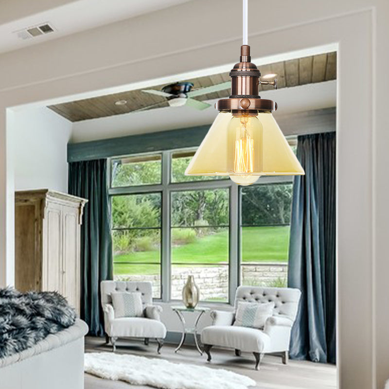 Conical Hanging Light Fixture Vintage Style Amber/Clear Glass and Metal 1 Head Kitchen Pendant Lamp in Black/Bronze/Brass Clearhalo 'Art Deco Pendants' 'Black' 'Cast Iron' 'Ceiling Lights' 'Ceramic' 'Crystal' 'Industrial Pendants' 'Industrial' 'Metal' 'Middle Century Pendants' 'Pendant Lights' 'Pendants' 'Rustic Pendants' 'Tiffany' Lighting' 273665