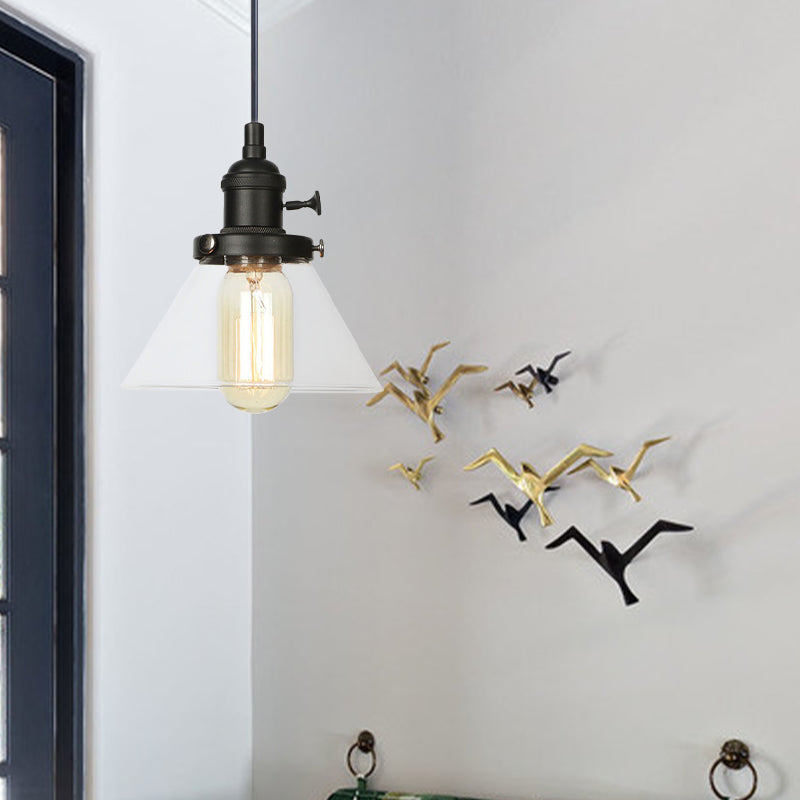 Conical Hanging Light Fixture Vintage Style Amber/Clear Glass and Metal 1 Head Kitchen Pendant Lamp in Black/Bronze/Brass Clearhalo 'Art Deco Pendants' 'Black' 'Cast Iron' 'Ceiling Lights' 'Ceramic' 'Crystal' 'Industrial Pendants' 'Industrial' 'Metal' 'Middle Century Pendants' 'Pendant Lights' 'Pendants' 'Rustic Pendants' 'Tiffany' Lighting' 273669