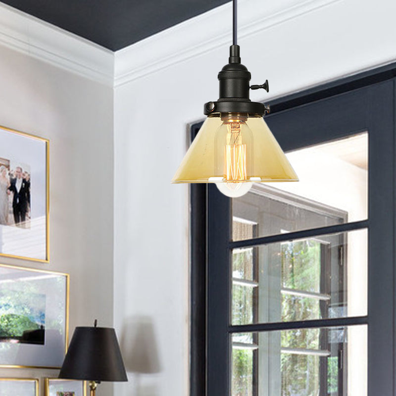 Conical Hanging Light Fixture Vintage Style Amber/Clear Glass and Metal 1 Head Kitchen Pendant Lamp in Black/Bronze/Brass Clearhalo 'Art Deco Pendants' 'Black' 'Cast Iron' 'Ceiling Lights' 'Ceramic' 'Crystal' 'Industrial Pendants' 'Industrial' 'Metal' 'Middle Century Pendants' 'Pendant Lights' 'Pendants' 'Rustic Pendants' 'Tiffany' Lighting' 273673