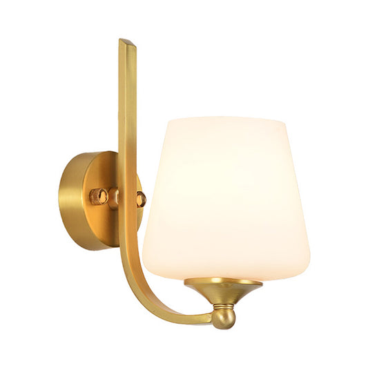 1 Bulb Sconce Lighting with Tapered Shade Milk Glass Modern Stylish Bedroom Wall Lamp in Brass Clearhalo 'Wall Lamps & Sconces' 'Wall Lights' Lighting' 273774