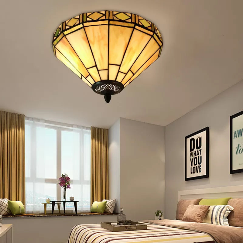 Stained Glass Ceiling Light, 2 Lights Medium Flush Mount Light in White with Cone Shade Tiffany Style White 12" Clearhalo 'Ceiling Lights' 'Close To Ceiling Lights' 'Close to ceiling' 'Flush mount' Lighting' 2740