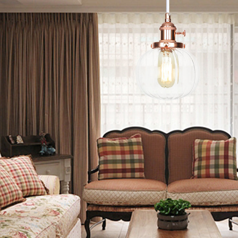 Global Pendant Light Fixture Vintage Style Amber/Clear Ridged Glass 1 Light Living Room Adjustable Ceiling Light in Black/Bronze/Brass Clearhalo 'Art Deco Pendants' 'Black' 'Cast Iron' 'Ceiling Lights' 'Ceramic' 'Crystal' 'Industrial Pendants' 'Industrial' 'Metal' 'Middle Century Pendants' 'Pendant Lights' 'Pendants' 'Rustic Pendants' 'Tiffany' Lighting' 274012