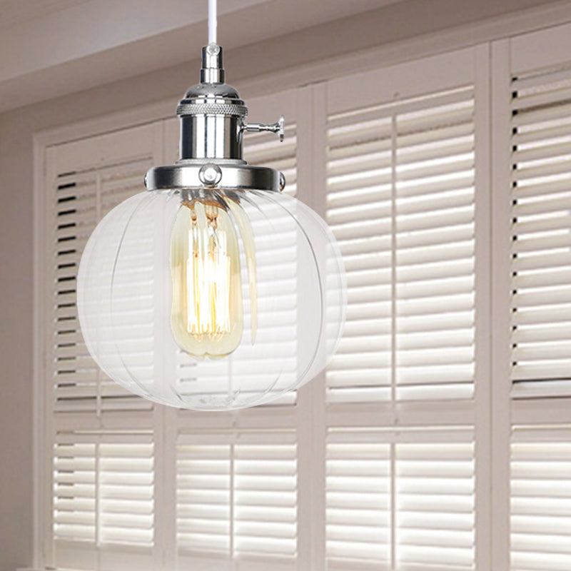 Global Pendant Light Fixture Vintage Style Amber/Clear Ridged Glass 1 Light Living Room Adjustable Ceiling Light in Black/Bronze/Brass Chrome Clear Clearhalo 'Art Deco Pendants' 'Black' 'Cast Iron' 'Ceiling Lights' 'Ceramic' 'Crystal' 'Industrial Pendants' 'Industrial' 'Metal' 'Middle Century Pendants' 'Pendant Lights' 'Pendants' 'Rustic Pendants' 'Tiffany' Lighting' 274019