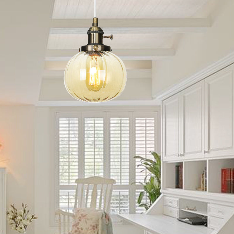 Global Pendant Light Fixture Vintage Style Amber/Clear Ridged Glass 1 Light Living Room Adjustable Ceiling Light in Black/Bronze/Brass Clearhalo 'Art Deco Pendants' 'Black' 'Cast Iron' 'Ceiling Lights' 'Ceramic' 'Crystal' 'Industrial Pendants' 'Industrial' 'Metal' 'Middle Century Pendants' 'Pendant Lights' 'Pendants' 'Rustic Pendants' 'Tiffany' Lighting' 274025