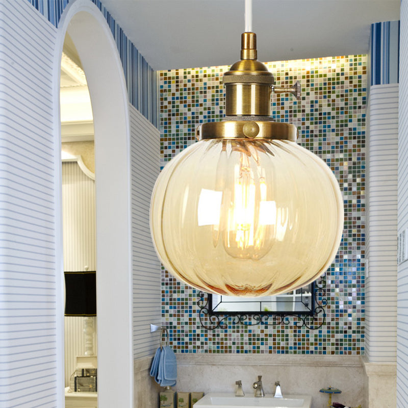 Global Pendant Light Fixture Vintage Style Amber/Clear Ridged Glass 1 Light Living Room Adjustable Ceiling Light in Black/Bronze/Brass Brass Amber Clearhalo 'Art Deco Pendants' 'Black' 'Cast Iron' 'Ceiling Lights' 'Ceramic' 'Crystal' 'Industrial Pendants' 'Industrial' 'Metal' 'Middle Century Pendants' 'Pendant Lights' 'Pendants' 'Rustic Pendants' 'Tiffany' Lighting' 274033