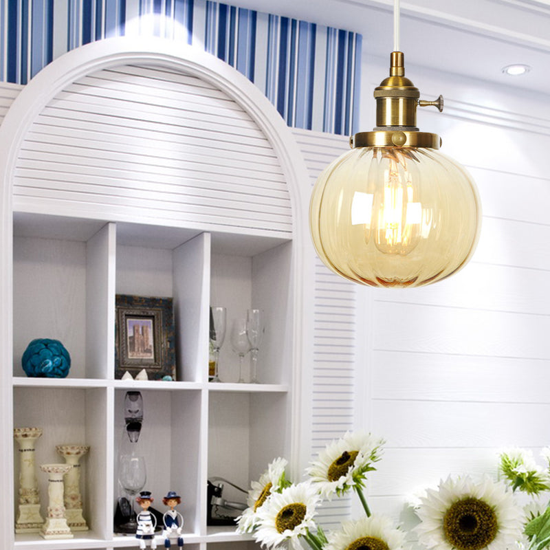 Global Pendant Light Fixture Vintage Style Amber/Clear Ridged Glass 1 Light Living Room Adjustable Ceiling Light in Black/Bronze/Brass Clearhalo 'Art Deco Pendants' 'Black' 'Cast Iron' 'Ceiling Lights' 'Ceramic' 'Crystal' 'Industrial Pendants' 'Industrial' 'Metal' 'Middle Century Pendants' 'Pendant Lights' 'Pendants' 'Rustic Pendants' 'Tiffany' Lighting' 274034