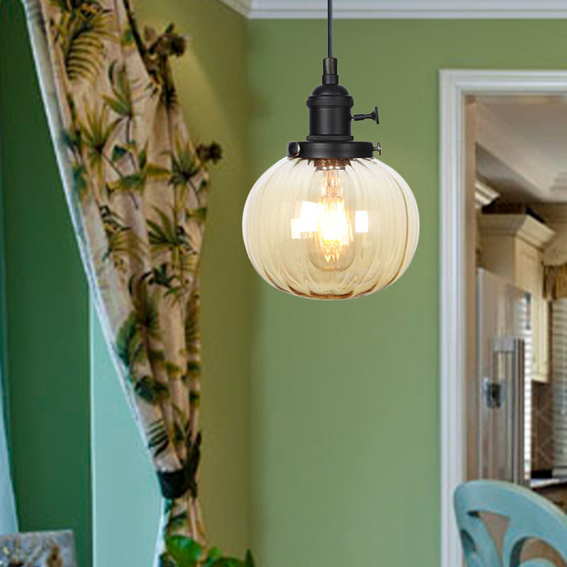 Global Pendant Light Fixture Vintage Style Amber/Clear Ridged Glass 1 Light Living Room Adjustable Ceiling Light in Black/Bronze/Brass Clearhalo 'Art Deco Pendants' 'Black' 'Cast Iron' 'Ceiling Lights' 'Ceramic' 'Crystal' 'Industrial Pendants' 'Industrial' 'Metal' 'Middle Century Pendants' 'Pendant Lights' 'Pendants' 'Rustic Pendants' 'Tiffany' Lighting' 274043