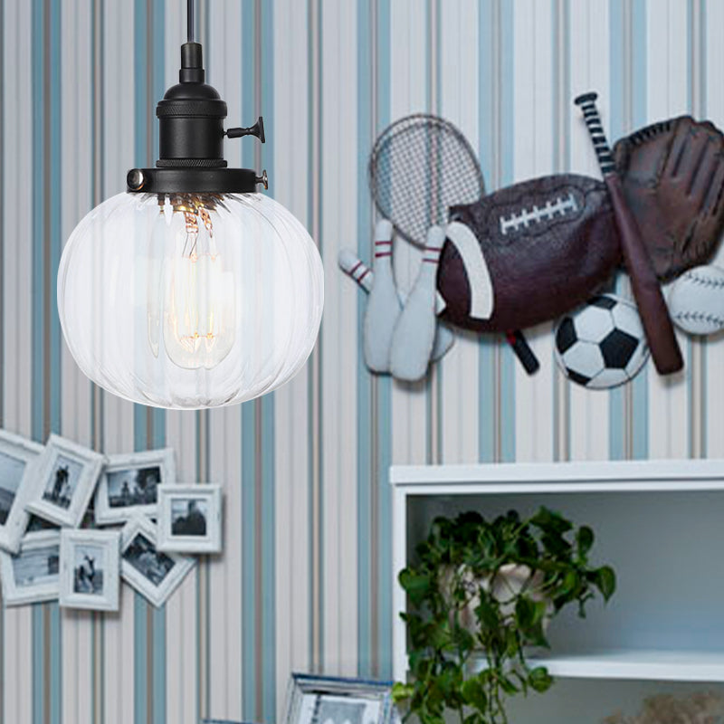 Global Pendant Light Fixture Vintage Style Amber/Clear Ridged Glass 1 Light Living Room Adjustable Ceiling Light in Black/Bronze/Brass Clearhalo 'Art Deco Pendants' 'Black' 'Cast Iron' 'Ceiling Lights' 'Ceramic' 'Crystal' 'Industrial Pendants' 'Industrial' 'Metal' 'Middle Century Pendants' 'Pendant Lights' 'Pendants' 'Rustic Pendants' 'Tiffany' Lighting' 274047