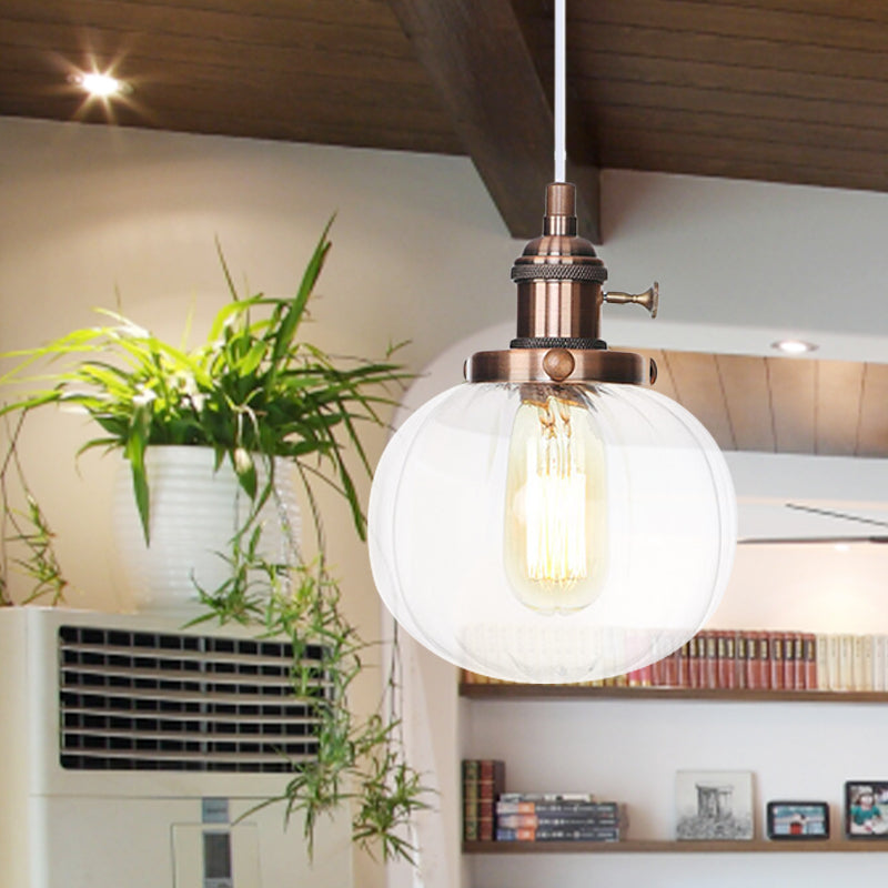 Global Pendant Light Fixture Vintage Style Amber/Clear Ridged Glass 1 Light Living Room Adjustable Ceiling Light in Black/Bronze/Brass Copper Clear Clearhalo 'Art Deco Pendants' 'Black' 'Cast Iron' 'Ceiling Lights' 'Ceramic' 'Crystal' 'Industrial Pendants' 'Industrial' 'Metal' 'Middle Century Pendants' 'Pendant Lights' 'Pendants' 'Rustic Pendants' 'Tiffany' Lighting' 274054