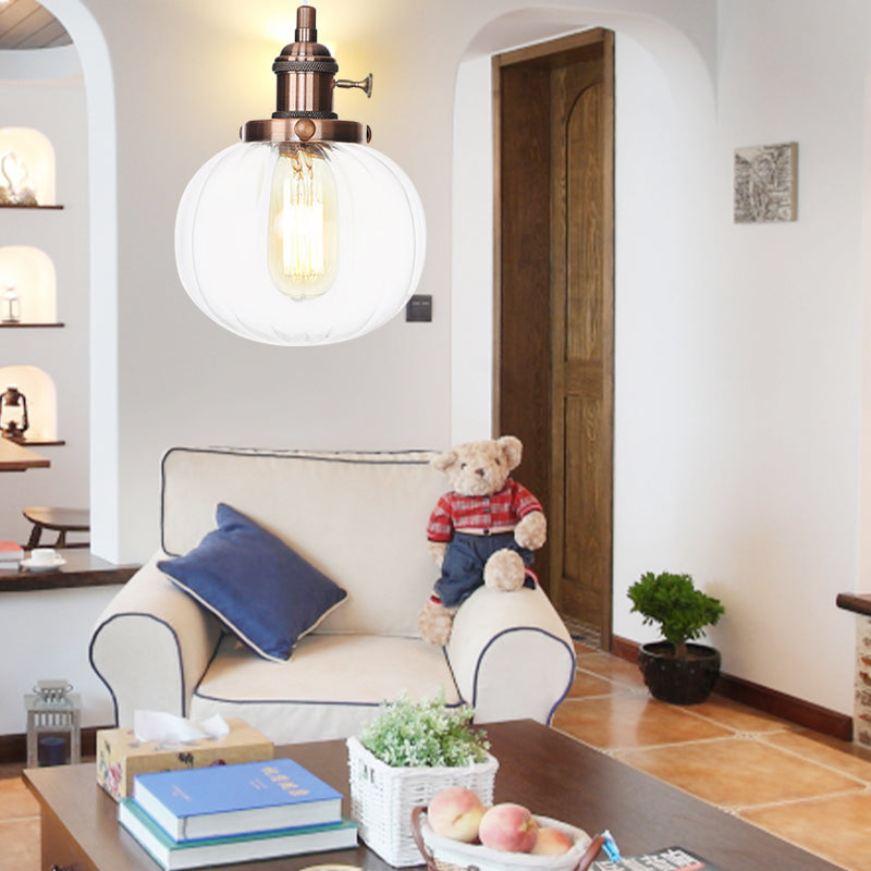 Global Pendant Light Fixture Vintage Style Amber/Clear Ridged Glass 1 Light Living Room Adjustable Ceiling Light in Black/Bronze/Brass Clearhalo 'Art Deco Pendants' 'Black' 'Cast Iron' 'Ceiling Lights' 'Ceramic' 'Crystal' 'Industrial Pendants' 'Industrial' 'Metal' 'Middle Century Pendants' 'Pendant Lights' 'Pendants' 'Rustic Pendants' 'Tiffany' Lighting' 274055