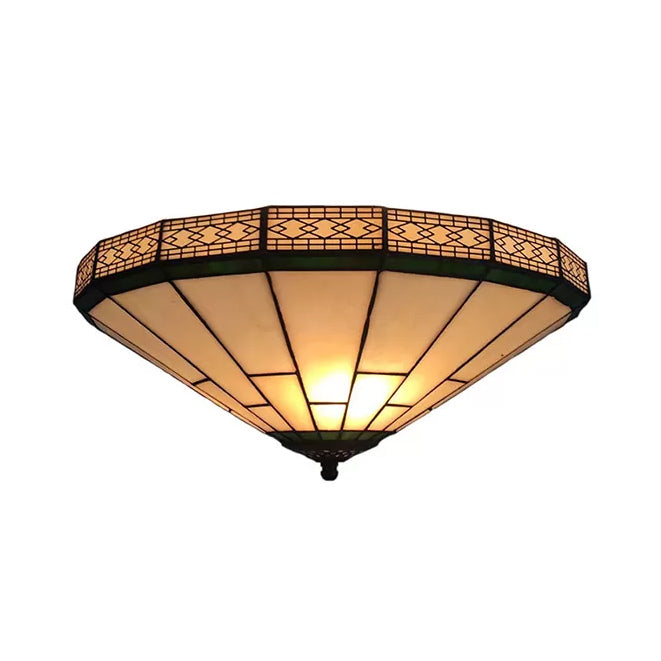 Stained Glass Ceiling Light, 2 Lights Medium Flush Mount Light in White with Cone Shade Tiffany Style Clearhalo 'Ceiling Lights' 'Close To Ceiling Lights' 'Close to ceiling' 'Flush mount' Lighting' 2741