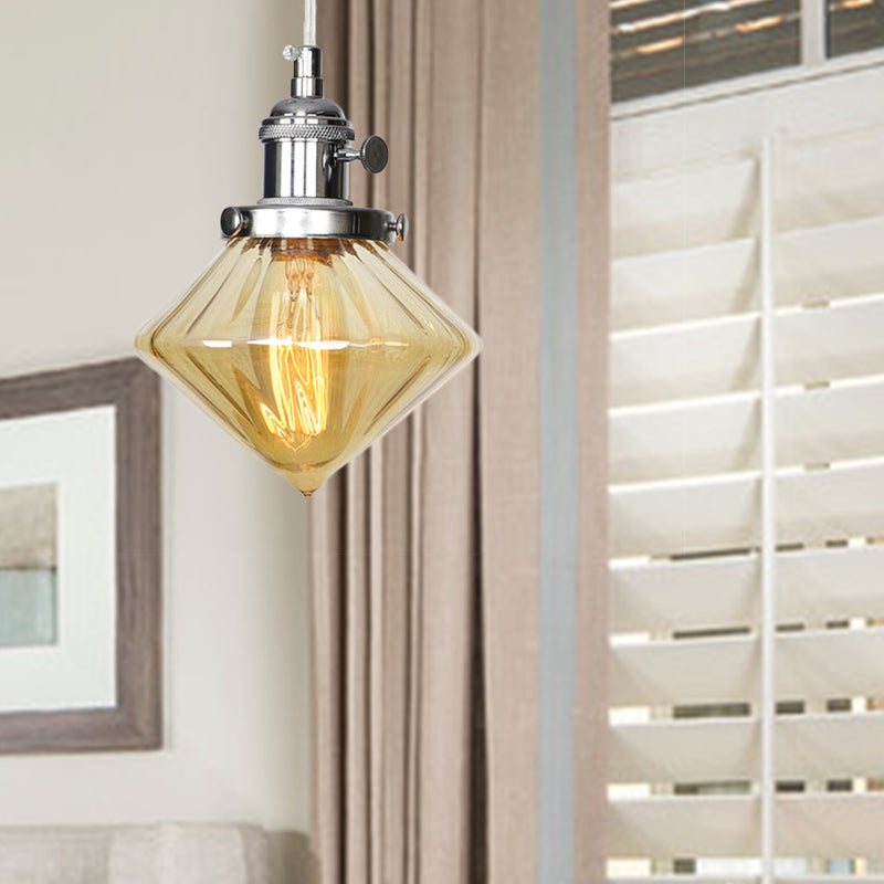 1 Light Indoor Hanging Light Industrial Height Adjustable Black/Bronze/Brass Pendant Lighting with Diamond Amber/Clear Glass Shade Clearhalo 'Art Deco Pendants' 'Black' 'Cast Iron' 'Ceiling Lights' 'Ceramic' 'Crystal' 'Industrial Pendants' 'Industrial' 'Metal' 'Middle Century Pendants' 'Pendant Lights' 'Pendants' 'Rustic Pendants' 'Tiffany' Lighting' 274144