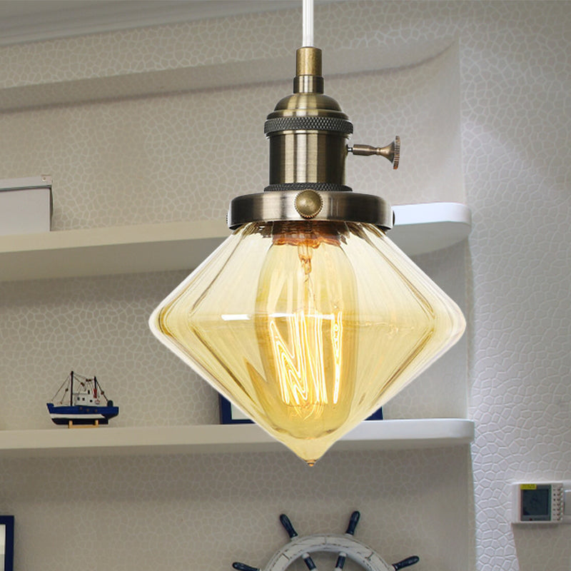1 Light Indoor Hanging Light Industrial Height Adjustable Black/Bronze/Brass Pendant Lighting with Diamond Amber/Clear Glass Shade Bronze Amber Clearhalo 'Art Deco Pendants' 'Black' 'Cast Iron' 'Ceiling Lights' 'Ceramic' 'Crystal' 'Industrial Pendants' 'Industrial' 'Metal' 'Middle Century Pendants' 'Pendant Lights' 'Pendants' 'Rustic Pendants' 'Tiffany' Lighting' 274151