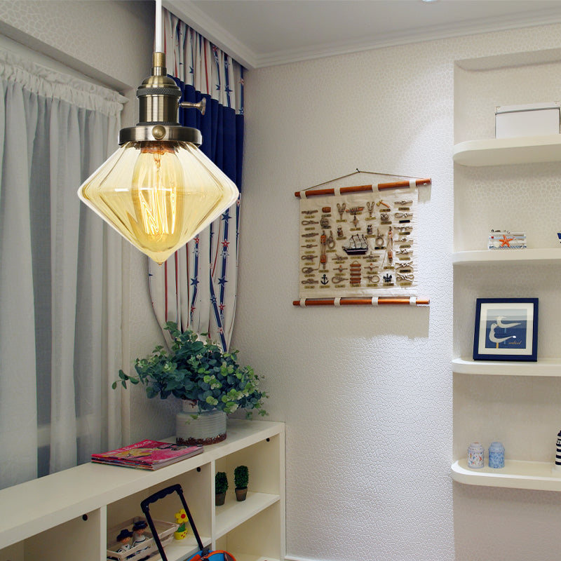 1 Light Indoor Hanging Light Industrial Height Adjustable Black/Bronze/Brass Pendant Lighting with Diamond Amber/Clear Glass Shade Clearhalo 'Art Deco Pendants' 'Black' 'Cast Iron' 'Ceiling Lights' 'Ceramic' 'Crystal' 'Industrial Pendants' 'Industrial' 'Metal' 'Middle Century Pendants' 'Pendant Lights' 'Pendants' 'Rustic Pendants' 'Tiffany' Lighting' 274152