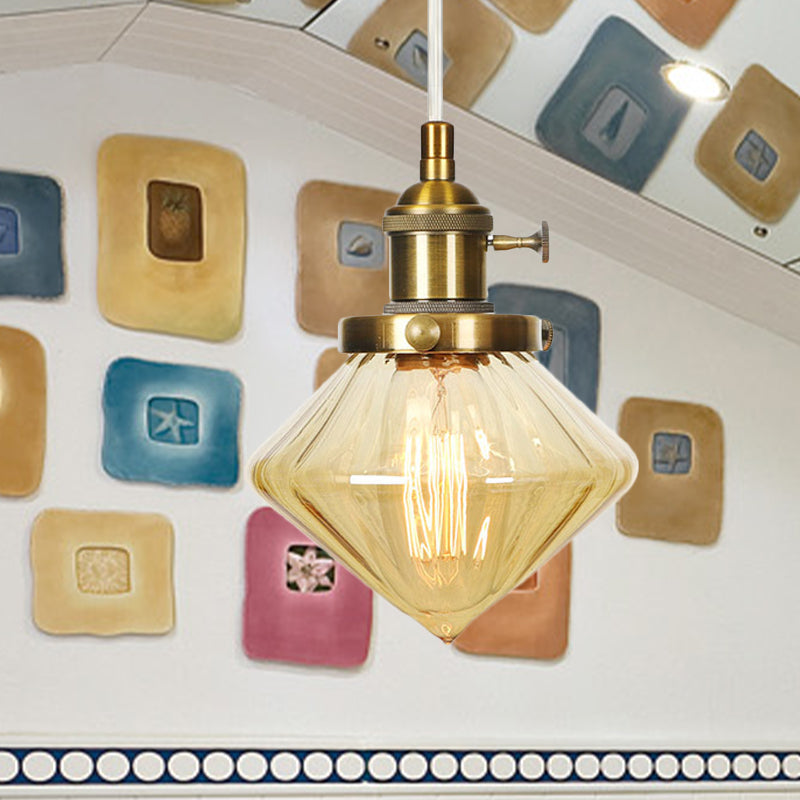 1 Light Indoor Hanging Light Industrial Height Adjustable Black/Bronze/Brass Pendant Lighting with Diamond Amber/Clear Glass Shade Brass Amber Clearhalo 'Art Deco Pendants' 'Black' 'Cast Iron' 'Ceiling Lights' 'Ceramic' 'Crystal' 'Industrial Pendants' 'Industrial' 'Metal' 'Middle Century Pendants' 'Pendant Lights' 'Pendants' 'Rustic Pendants' 'Tiffany' Lighting' 274159