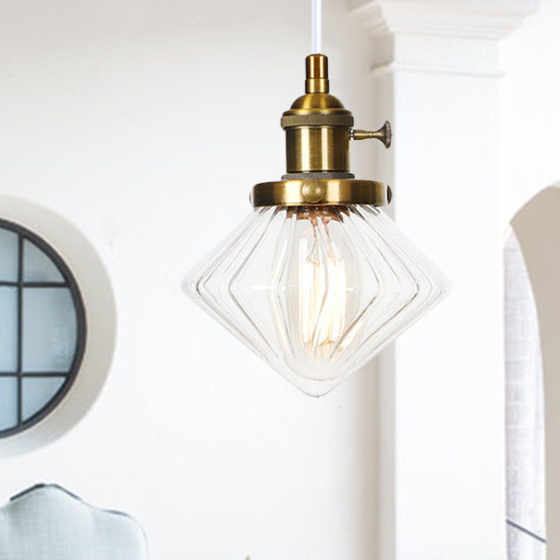 1 Light Indoor Hanging Light Industrial Height Adjustable Black/Bronze/Brass Pendant Lighting with Diamond Amber/Clear Glass Shade Brass Clear Clearhalo 'Art Deco Pendants' 'Black' 'Cast Iron' 'Ceiling Lights' 'Ceramic' 'Crystal' 'Industrial Pendants' 'Industrial' 'Metal' 'Middle Century Pendants' 'Pendant Lights' 'Pendants' 'Rustic Pendants' 'Tiffany' Lighting' 274163