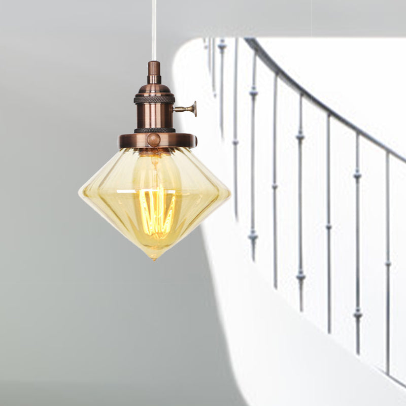 1 Light Indoor Hanging Light Industrial Height Adjustable Black/Bronze/Brass Pendant Lighting with Diamond Amber/Clear Glass Shade Clearhalo 'Art Deco Pendants' 'Black' 'Cast Iron' 'Ceiling Lights' 'Ceramic' 'Crystal' 'Industrial Pendants' 'Industrial' 'Metal' 'Middle Century Pendants' 'Pendant Lights' 'Pendants' 'Rustic Pendants' 'Tiffany' Lighting' 274168