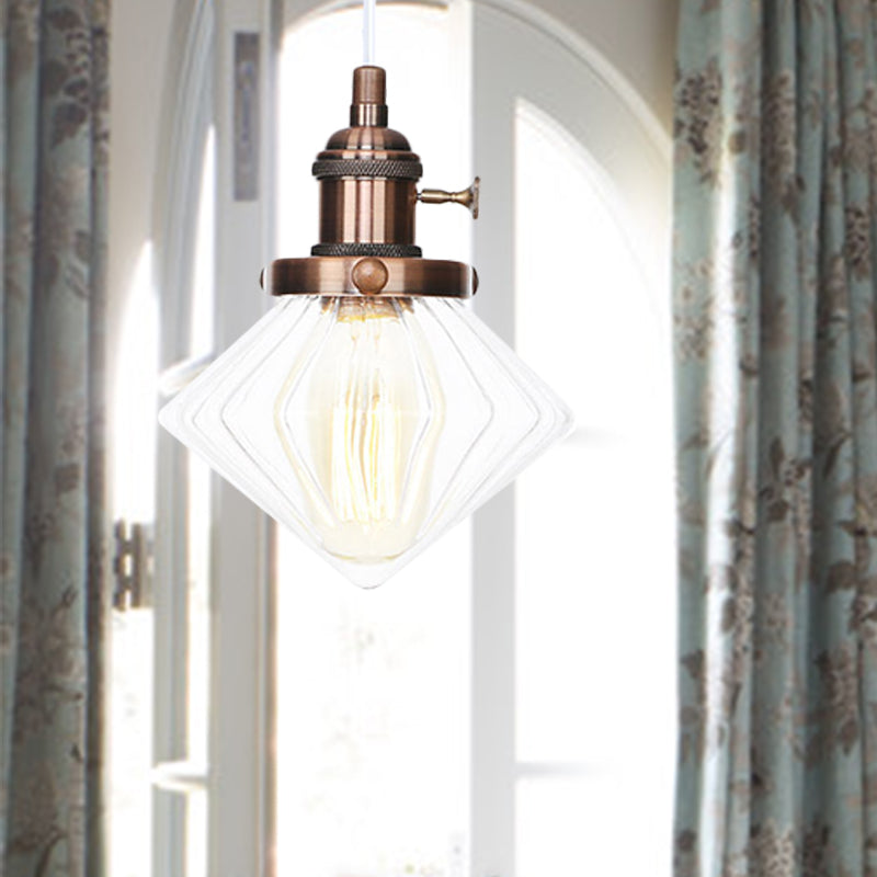 1 Light Indoor Hanging Light Industrial Height Adjustable Black/Bronze/Brass Pendant Lighting with Diamond Amber/Clear Glass Shade Copper Clear Clearhalo 'Art Deco Pendants' 'Black' 'Cast Iron' 'Ceiling Lights' 'Ceramic' 'Crystal' 'Industrial Pendants' 'Industrial' 'Metal' 'Middle Century Pendants' 'Pendant Lights' 'Pendants' 'Rustic Pendants' 'Tiffany' Lighting' 274171