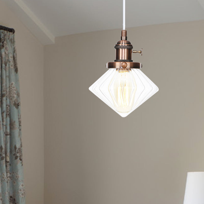 1 Light Indoor Hanging Light Industrial Height Adjustable Black/Bronze/Brass Pendant Lighting with Diamond Amber/Clear Glass Shade Clearhalo 'Art Deco Pendants' 'Black' 'Cast Iron' 'Ceiling Lights' 'Ceramic' 'Crystal' 'Industrial Pendants' 'Industrial' 'Metal' 'Middle Century Pendants' 'Pendant Lights' 'Pendants' 'Rustic Pendants' 'Tiffany' Lighting' 274172