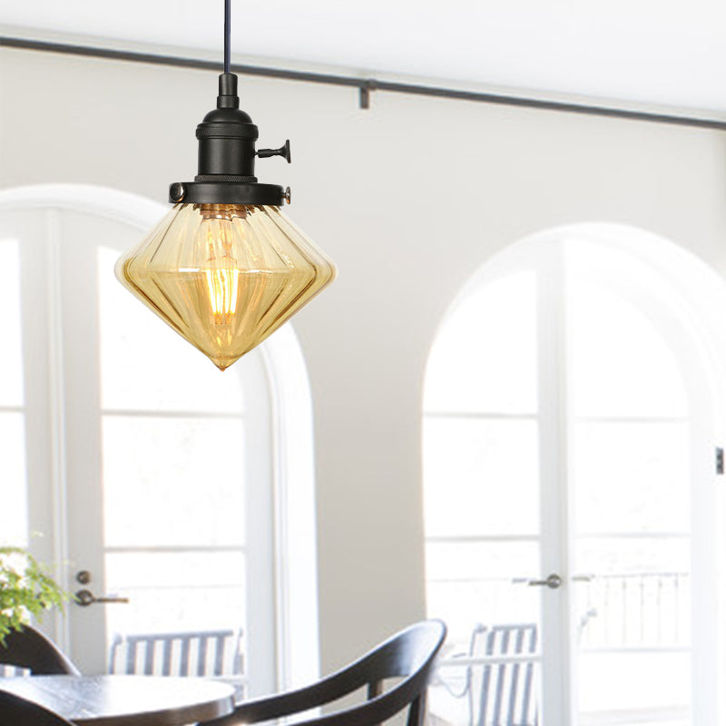 1 Light Indoor Hanging Light Industrial Height Adjustable Black/Bronze/Brass Pendant Lighting with Diamond Amber/Clear Glass Shade Clearhalo 'Art Deco Pendants' 'Black' 'Cast Iron' 'Ceiling Lights' 'Ceramic' 'Crystal' 'Industrial Pendants' 'Industrial' 'Metal' 'Middle Century Pendants' 'Pendant Lights' 'Pendants' 'Rustic Pendants' 'Tiffany' Lighting' 274176
