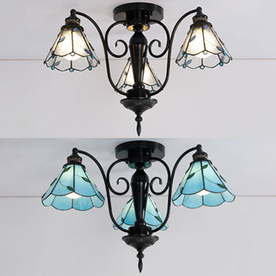 Cone Semi Flush Light Vintage Tiffany 3 Heads Stained Glass Semi Flush Mount Light in Blue/Clear Clearhalo 'Ceiling Lights' 'Close To Ceiling Lights' 'Close to ceiling' 'Glass shade' 'Glass' 'Semi-flushmount' 'Tiffany close to ceiling' 'Tiffany' Lighting' 27419