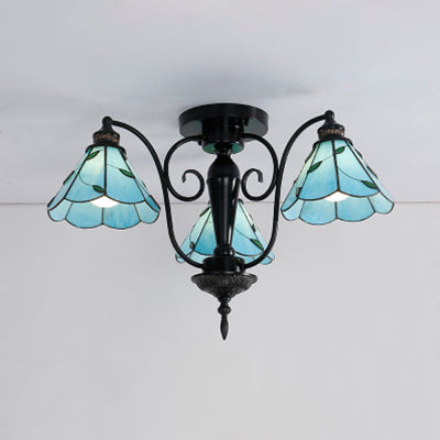 Cone Semi Flush Light Vintage Tiffany 3 Heads Stained Glass Semi Flush Mount Light in Blue/Clear Blue Clearhalo 'Ceiling Lights' 'Close To Ceiling Lights' 'Close to ceiling' 'Glass shade' 'Glass' 'Semi-flushmount' 'Tiffany close to ceiling' 'Tiffany' Lighting' 27420