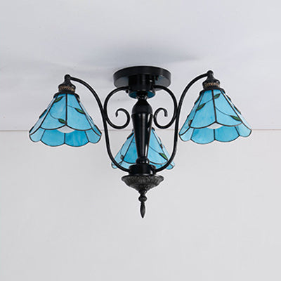 Cone Semi Flush Light Vintage Tiffany 3 Heads Stained Glass Semi Flush Mount Light in Blue/Clear Clearhalo 'Ceiling Lights' 'Close To Ceiling Lights' 'Close to ceiling' 'Glass shade' 'Glass' 'Semi-flushmount' 'Tiffany close to ceiling' 'Tiffany' Lighting' 27421