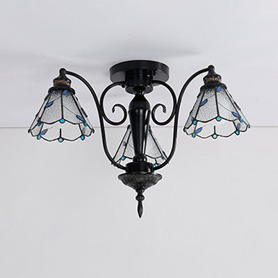Cone Semi Flush Light Vintage Tiffany 3 Heads Stained Glass Semi Flush Mount Light in Blue/Clear Clearhalo 'Ceiling Lights' 'Close To Ceiling Lights' 'Close to ceiling' 'Glass shade' 'Glass' 'Semi-flushmount' 'Tiffany close to ceiling' 'Tiffany' Lighting' 27423