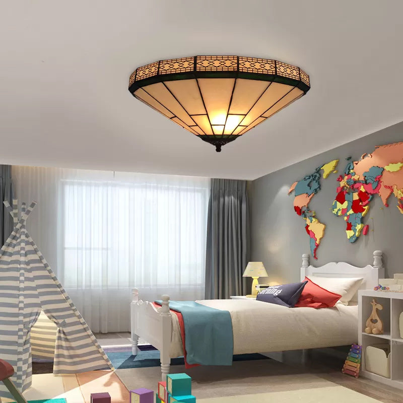 Stained Glass Ceiling Light, 2 Lights Medium Flush Mount Light in White with Cone Shade Tiffany Style White 16" Clearhalo 'Ceiling Lights' 'Close To Ceiling Lights' 'Close to ceiling' 'Flush mount' Lighting' 2743