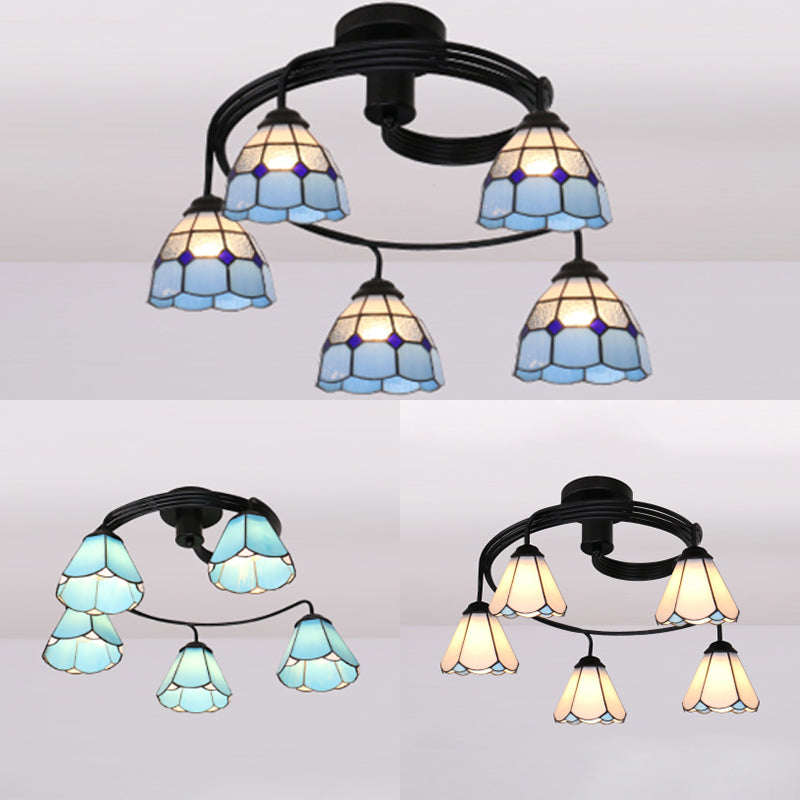 Stained Glass Ceiling Light Fixture Tiffany Style 3/5 Lights Semi Flush Mount Light in White/Blue/Clear Clearhalo 'Ceiling Lights' 'Close To Ceiling Lights' 'Close to ceiling' 'Glass shade' 'Glass' 'Semi-flushmount' 'Tiffany close to ceiling' 'Tiffany' Lighting' 27439