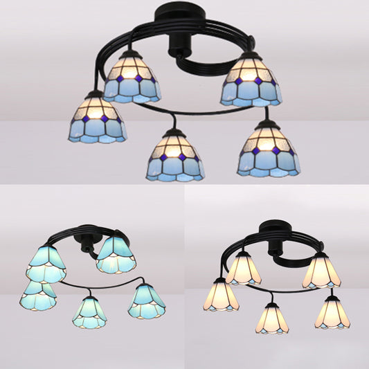 Stained Glass Ceiling Light Fixture Tiffany Style 3/5 Lights Semi Flush Mount Light in White/Blue/Clear Clearhalo 'Ceiling Lights' 'Close To Ceiling Lights' 'Close to ceiling' 'Glass shade' 'Glass' 'Semi-flushmount' 'Tiffany close to ceiling' 'Tiffany' Lighting' 27439