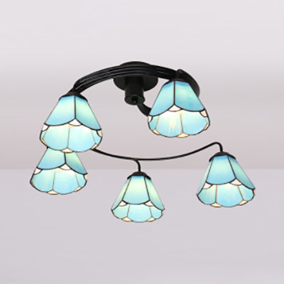 Stained Glass Ceiling Light Fixture Tiffany Style 3/5 Lights Semi Flush Mount Light in White/Blue/Clear 5 Blue Clearhalo 'Ceiling Lights' 'Close To Ceiling Lights' 'Close to ceiling' 'Glass shade' 'Glass' 'Semi-flushmount' 'Tiffany close to ceiling' 'Tiffany' Lighting' 27440